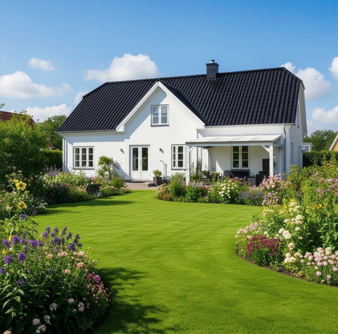 Maison blanche avec jardin fleuri